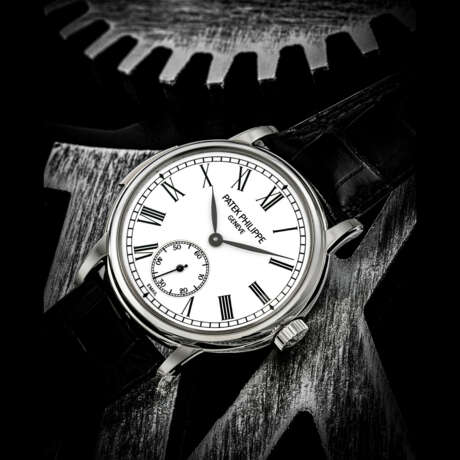 PATEK PHILIPPE. A RARE AND ELEGANT PLATINUM AUTOMATIC MINUTE REPEATING WRISTWATCH WITH ENAMEL DIAL - Foto 1