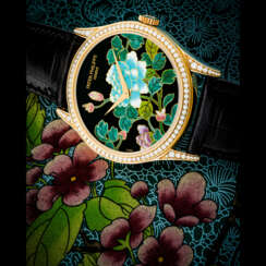 PATEK PHILIPPE. A RARE AND ATTRACTIVE 18K PINK GOLD AND DIAMOND-SET LIMITED EDITION AUTOMATIC WRISTWATCH WITH CLOISONN&#201; ENAMEL DIAL