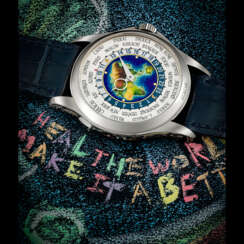 PATEK PHILIPPE. A RARE AND ATTRACTIVE 18K WHITE GOLD AUTOMATIC WORLD TIME WRISTWATCH WITH CLOISONN&#201; ENAMEL DIAL