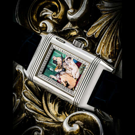 JAEGER-LECOULTRE. A MAGNIFICENT AND EXTREMELY RARE PLATINUM REVERSIBLE WRISTWATCH WITH ENAMEL DIAL DEPICTING THE TURKISH BATH BY JEAN AUGUSTE-DOMINIQUE INGRES - фото 1