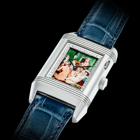 JAEGER-LECOULTRE. A MAGNIFICENT AND EXTREMELY RARE PLATINUM REVERSIBLE WRISTWATCH WITH ENAMEL DIAL DEPICTING THE TURKISH BATH BY JEAN AUGUSTE-DOMINIQUE INGRES - Foto 2