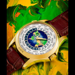 PATEK PHILIPPE. A RARE AND BEAUTIFUL 18K GOLD AUTOMATIC WORLD TIME WRISTWATCH WITH CLOISONN&#201; ENAMEL DIAL