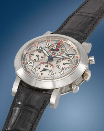 FRANCK MULLER. A VERY RARE STAINLESS STEEL PROTOTYPE AUTOMATIC CHRONOGRAPH TRIPLE TIME ZONE WRISTWATCH WITH DATE - Foto 2