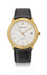 AUDEMARS PIGUET. AN ELEGANT 18K GOLD AUTOMATIC WRISTWATCH WITH SWEEP CENTRE SECONDS, DATE, GUARANTEE AND BOX