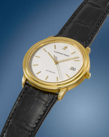 AUDEMARS PIGUET. AN ELEGANT 18K GOLD AUTOMATIC WRISTWATCH WITH SWEEP CENTRE SECONDS, DATE, GUARANTEE AND BOX - Foto 2