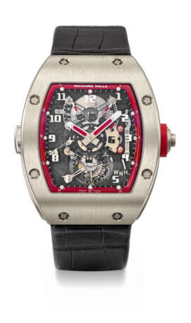 RICHARD MILLE. A UNIQUE 18K WHITE GOLD LIMITED EDITION SEMI-SKELETONISED DUAL TIME TOURBILLON WRISTWATCH WITH POWER RESERVE, TORQUE INDICATORS AND GUARANTEE - фото 1