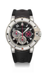 HARRY WINSTON. AN 18K WHITE GOLD AND ZALIUM DIVER’S AUTOMATIC CHRONOGRAPH WRISTWATCH WITH DATE, GUARANTEE AND BOX