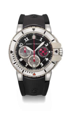 HARRY WINSTON. AN 18K WHITE GOLD AND ZALIUM DIVER’S AUTOMATIC CHRONOGRAPH WRISTWATCH WITH DATE, GUARANTEE AND BOX - Foto 1