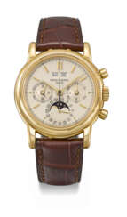 PATEK PHILIPPE. A RARE AND ATTRACTIVE 18K GOLD PERPETUAL CALENDAR CHRONOGRAPH WRISTWATCH WITH MOON PHASES, 24 HOUR INDICATION, LEAP YEAR INDICATION, CERTIFICATE OF ORIGIN AND BOX