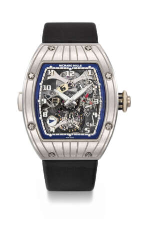 RICHARD MILLE. AN EXTREMELY RARE PLATINUM DUAL TIME TOURBILLON WRISTWATCH WITH POWER RESERVE AND GUARANTEE - фото 1