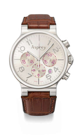 ASPREY. AN ATTRACTIVE STAINLESS STEEL AUTOMATIC CHRONOGRAPH WRISTWATCH WITH DATE, GUARANTEE AND BOX - Foto 1