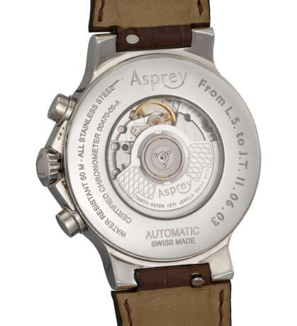 ASPREY. AN ATTRACTIVE STAINLESS STEEL AUTOMATIC CHRONOGRAPH WRISTWATCH WITH DATE, GUARANTEE AND BOX - Foto 6