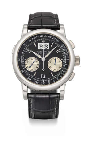 A. LANGE & S&#214;HNE. A RARE PLATINUM FLYBACK CHRONOGRAPH WRISTWATCH WITH DATE, GUARANTEE AND BOX - фото 1
