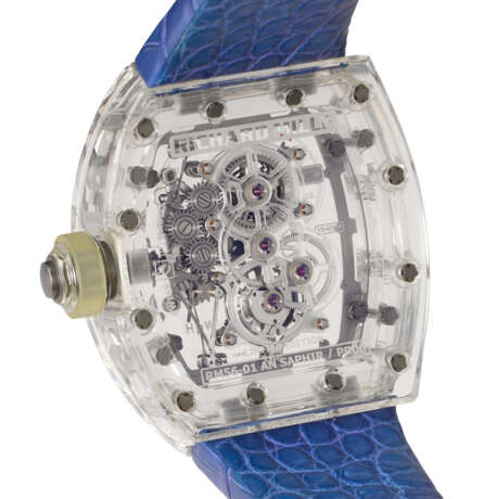 RICHARD MILLE. AN EXTRAORDINARY AND EXTREMELY RARE TRANSPARENT SAPPHIRE CRYSTAL AND TITANIUM LIMITED EDITION SKELETONIZED TOURBILLON WRISTWATCH WITH POWER RESERVE AND TORQUE INDICATOR - photo 4