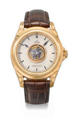 OMEGA. A RARE AND UNUSUAL 18K PINK GOLD AUTOMATIC WRISTWATCH WITH ONE-MINUTE CENTRAL FLYING TOURBILLON, GUARANTEE AND BOX