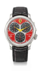 F.P. JOURNE. A UNIQUE AND HIGHLY IMPORTANT PLATINUM ERGONOMIC CHRONOGRAPH WRISTWATCH WITH 100TH OF A SECOND, 20TH SECONDS, 10-MINUTE REGISTERS, PERSONALIZED ‘FERRARI RED’ DIAL WITH FERRARI EMBLEM, CERTIFICATE AND BOX