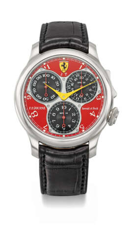 F.P. JOURNE. A UNIQUE AND HIGHLY IMPORTANT PLATINUM ERGONOMIC CHRONOGRAPH WRISTWATCH WITH 100TH OF A SECOND, 20TH SECONDS, 10-MINUTE REGISTERS, PERSONALIZED ‘FERRARI RED’ DIAL WITH FERRARI EMBLEM, CERTIFICATE AND BOX - Foto 1