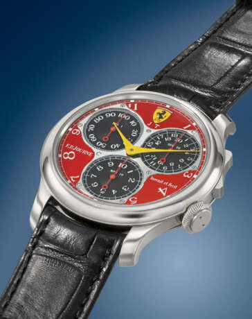 F.P. JOURNE. A UNIQUE AND HIGHLY IMPORTANT PLATINUM ERGONOMIC CHRONOGRAPH WRISTWATCH WITH 100TH OF A SECOND, 20TH SECONDS, 10-MINUTE REGISTERS, PERSONALIZED ‘FERRARI RED’ DIAL WITH FERRARI EMBLEM, CERTIFICATE AND BOX - Foto 2