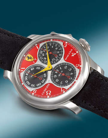 F.P. JOURNE. A UNIQUE AND HIGHLY IMPORTANT PLATINUM ERGONOMIC CHRONOGRAPH WRISTWATCH WITH 100TH OF A SECOND, 20TH SECONDS, 10-MINUTE REGISTERS, PERSONALIZED ‘FERRARI RED’ DIAL WITH FERRARI EMBLEM, CERTIFICATE AND BOX - Foto 4