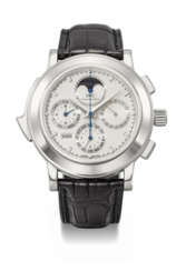 IWC. A VERY RARE, IMPRESSIVE AND LARGE PLATINUM LIMITED EDITION AUTOMATIC PERPETUAL CALENDAR MINUTE REPEATING CHRONOGRAPH WRISTWATCH WITH MOON PHASES, YEAR INDICATION AND BOX