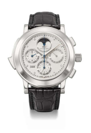 IWC. A VERY RARE, IMPRESSIVE AND LARGE PLATINUM LIMITED EDITION AUTOMATIC PERPETUAL CALENDAR MINUTE REPEATING CHRONOGRAPH WRISTWATCH WITH MOON PHASES, YEAR INDICATION AND BOX - photo 1