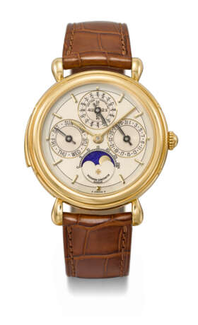 VACHERON CONSTANTIN. A VERY RARE AND HIGHLY ATTRACTIVE 18K GOLD MINUTE REPEATING PERPETUAL CALENDAR WRISTWATCH WITH MOON PHASES, LEAP YEAR INDICATION, ADDITIONAL CASE BACK, CERTIFICATE OF ORIGIN AND BOX - photo 1