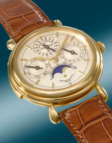 VACHERON CONSTANTIN. A VERY RARE AND HIGHLY ATTRACTIVE 18K GOLD MINUTE REPEATING PERPETUAL CALENDAR WRISTWATCH WITH MOON PHASES, LEAP YEAR INDICATION, ADDITIONAL CASE BACK, CERTIFICATE OF ORIGIN AND BOX - photo 3