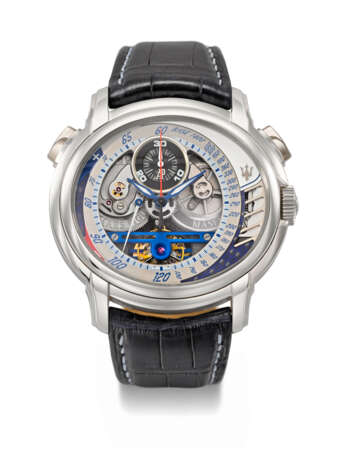 AUDEMARS PIGUET. A UNIQUE PLATINUM OVAL SEMI-SKELETONISED TOURBILLON CHRONOGRAPH WRISTWATCH WITH 10 DAY POWER RESERVE, GUARANTEE AND BOX - фото 1