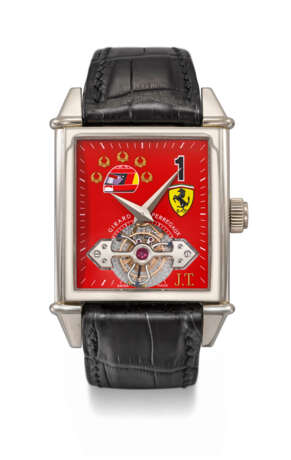 GIRARD-PERREGAUX. A UNIQUE AND HIGHLY ATTRACTIVE PERSONALIZED 18K WHITE GOLD AUTOMATIC TOURBILLON WRISTWATCH WITH FERRARI RED SPECIAL ORDER DIAL, CERTIFICATE AND BOX - photo 1