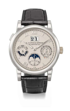 A. LANGE & S&#214;HNE. AN ELEGANT PLATINUM AUTOMATIC PERPETUAL CALENDAR WRISTWATCH WITH MOON PHASES, LEAP YEAR INDICATION, DATE, ZERO-RESET FUNCTION, GUARANTEE AND BOX - фото 1