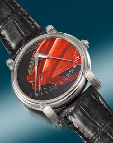 VACHERON CONSTANTIN. AN EXCEPTIONAL, IMPORTANT AND UNIQUE SPECIAL REQUEST PLATINUM AUTOMATIC WRISTWATCH WITH METIERS D’ART CLOISONNE ‘RED ENZO FERRARI’ ENAMEL DIAL, RETROGRADE HOURS AND MINUTES, GUARANTEE - photo 3