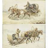 Troika-Fahrt im Sommer bzw. im Winter - zwei großformatige Aquarelle, Russland, datiert 1875 - Foto 1