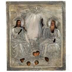 Ikone mit der neutestamentlichen Dreifaltigkeit mit Silberoklad, Russland, spätes 19. Jhdt. (Ikone) bzw. Moskau, Meister Nikolai Iwanow, 1896 (Oklad)