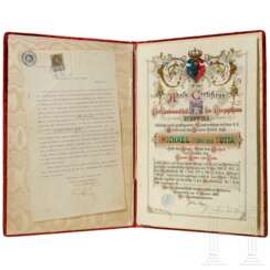 "Adels-Certificat" des Herzogtums Bukowina für Michael Ritter von Zotta, 1898