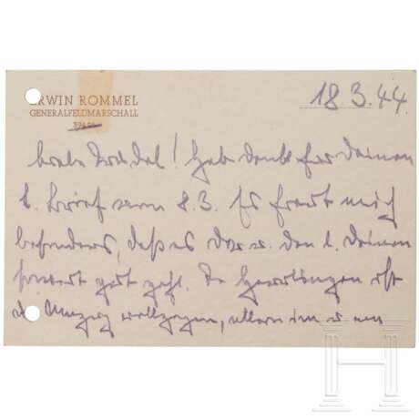 GFM Erwin Rommel - eigenhändig verfasste Karte an seine Tochter Gertrud Pan vom 18. März 1944 - Foto 1