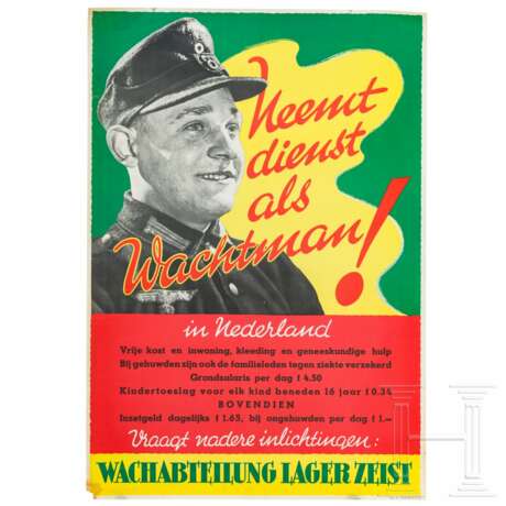 Werbeplakat "Neemt dienst als Wachtman! in Nederland, Vraagt nadere inlichtingen: Wachabteilung Lager Zeist" - Foto 1