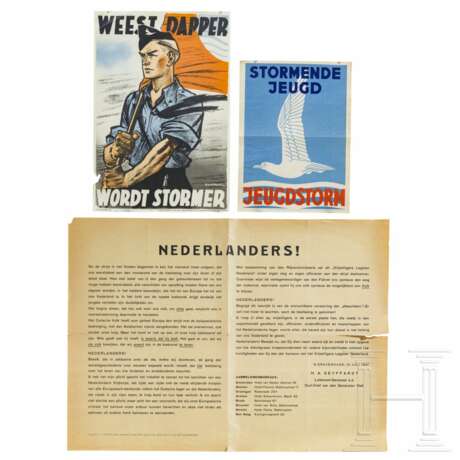 Drei Plakate "Weest Dapper - Wordt Stormer", "Stormende Juegd" sowie Aufruf zum Eintritt in die Freiwilligenlegion Niederlande, 1941 - фото 1