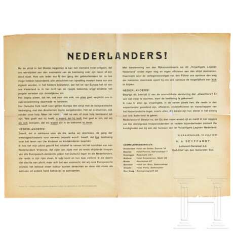 Drei Plakate "Weest Dapper - Wordt Stormer", "W.A. marcheert 1934" sowie Aufruf zum Eintritt in die Freiwilligenlegion Niederlande, 1941 - photo 1