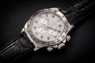 ROLEX, DAYTONA REF. 16519, A GOLD CHRONOGRAPH WITH PAVED DIAMOND DIAL AND RUBY HOUR MARKERS