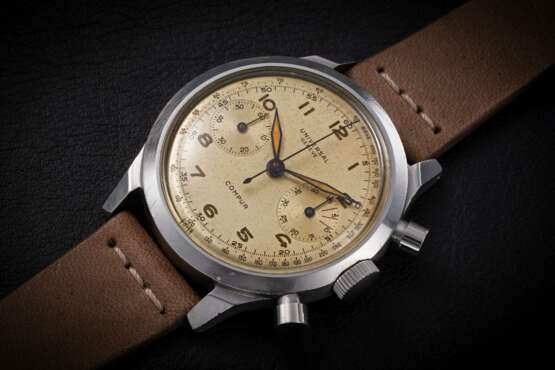 UNIVERSAL GENEVE, COMPUR REF. 22409, AN ATTRACTIVE STEEL MANUAL-WINDING CHRONOGRAPH WRISTWATCH - photo 1