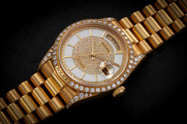 ROLEX, DAY-DATE REF. 18138, A GOLD AND DIAMOND-SET AUTOMATIC WRISTWATCH WITH ENAMEL SECTOR DIAL 