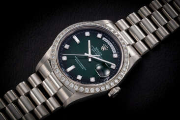 ROLEX, DAY-DATE REF. 18346, AN ATTRACTIVE PLATINUM AND DIAMOND-SET WRISTWATCH WITH GREEN VIGNETTE DIAL