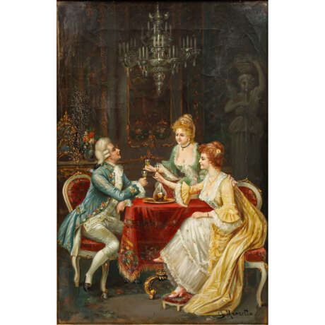 MANZETTA, Ch. (Maler/in 19./20. Jh.), "Zwei Damen und ein Herr im Rokoko-Salon", - фото 1