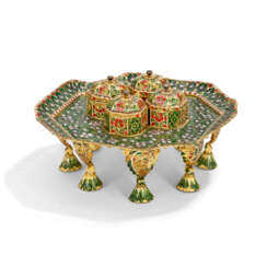 AN ENAMELLED AND DIAMOND-SET PANDAN TRAY AND BOXES