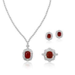 SPINEL AND DIAMOND RING, EARRINGS AND NECKLACE SET
