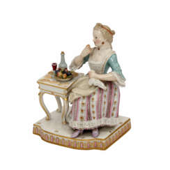 MEISSEN "Dame am Tisch", Allegorie "Der Geschmack" aus der Serie "Die 5 Sinne", 1870-1924.