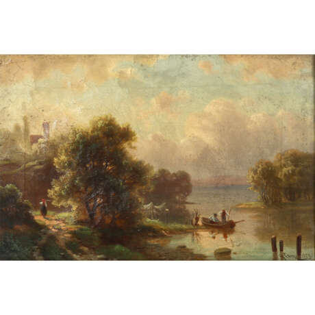 CONZ, GUSTAV (Tübingen 1832-1914 Stuttgart), "Romantische Landschaft mit See", - Foto 1