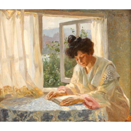 HALKE, PAUL (1866-?), "Lesende junge Frau am geöffneten Fenster", - photo 1