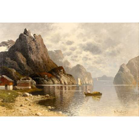 EICHHORN, ALBERT (1811-1851), "Fjordlandschaft mit Häusern und Fischerboot", - Foto 1