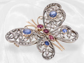 Brosche/Nadel: äußerst dekorative Rubin-/Saphir- und Diamant-Insektenbrosche, seltene antike Handarbeit